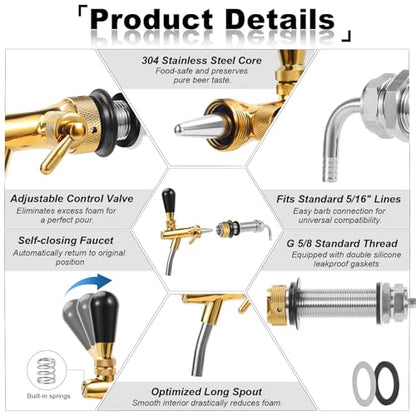 Beer Tap Faucet 4'' Long Beer Tap Shank, Brass Beer Faucet Stainless Steel Core Draft Beer Dispenser Beer Keg Tap Bar Tap 5/16'' Barb G5/8 Thread with Flow Valve for Kegerator, Freezer, Fridge, Wall