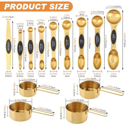 Gold Measuring Cups and Spoons, 13 Piece Stainless Steel | Double-sided design with engraved sizes, narrow end for spice jars, plus leveler for dry ingredients