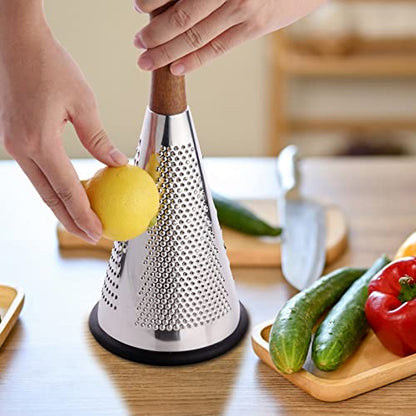 Cone Cheese Grater with Handle - Stainless Steel Triple Function Wood Handle Parmesan Shaver Non-Slip Rubber Bottom Hand Held Multifunction Vegetables Cheese Grater with container(S: 7.7" X 3.5") - size: Size S: 7.7" X 3.5"