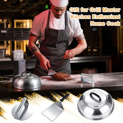 3 Pcs Smash Burger Kit 12" Cheese Melting Cover and 8.5" Burger Press with Grill Spatula Basting Cover, Stainless Steel Hamburger Turner, Melting Dome, Accessories Kit for BBQ Kitchen