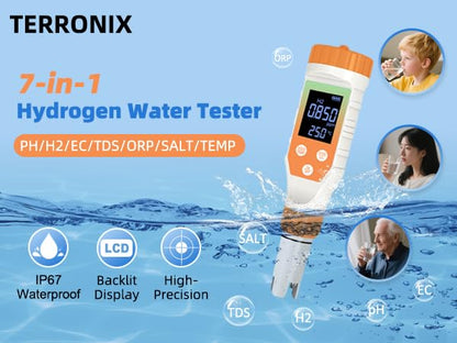 7-in-1 Hydrogen Water Tester, Digital pH TDS EC ORP Salt Temp Meter for Drinking Water, Filtered Water, Juice, Coffee, Hydrogen-Rich Water Bottle Tester