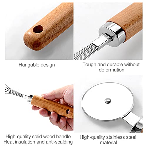 9 Pcs Kitchen Gadget Set Stainless Steel Utensil Set Wood Handle with Pizza cutter, Garlic press, Can opener, Bottle opener, Ice cream scoop, Peeler, Cheese grater, Cheese knife, and Whisk