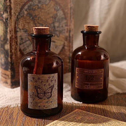 Magic Season Decorative Round Glass Bottles with Cork Stoppers (2 Pcs/Amber / 4 fl oz.)
