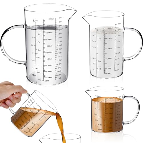 3 Pack Glass Measuring Cups,1-Cup,2-Cup,4-Cup Measuring Jugs with Handle &V Shaped Spout,3 Scales(Oz,Cup,Ml) High Borosilicate Glass Measuring Cup for Liquid Kitchen-Microwave Freezer Safe
