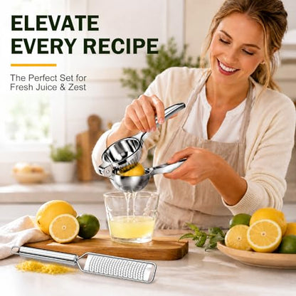 Lemon Squeezer & Zester Set, Large Bowl Stainless Steel Citrus Juicer, Heavy Duty Handheld Lime Press with Seed Filter, Lime Juicer and Citrus Grater for Cocktails, Cooking & Cheese
