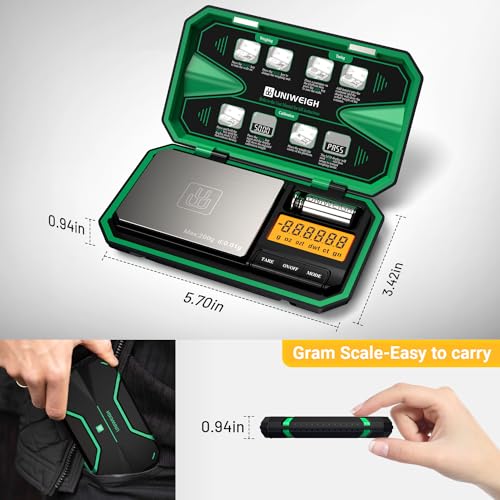 UNIWEIGH Digital Pocket Scale Precision 200g/0.01g Scale Grams Ounces | Mini Jewelry Scale, Coins Scale with 50g Cal Weights for Gold/Silver/Gems/Food,(Battery Included)-Green - color: Green