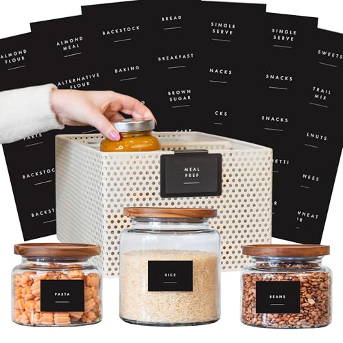 Pantry Labels, 130 Preprinted Vinyl Stickers for Food Containers, Water Resistant, 2 x 3 inches, Minimalist Labels for Organizing, Food Label for Jars, Storage Bins (Black) - color: Black