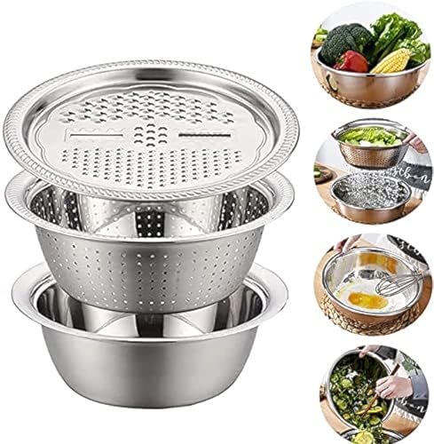 2026 New Multifunctional Stainless Steel Basin with Grater 3 in 1 Vegetable Cutter Julienne Grater with Drain Basket Vegetable Fruits Washing Bowl Strainer Set (28cm)