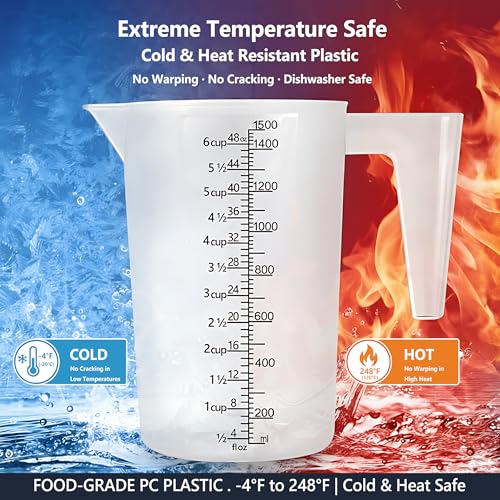 Liquid Measuring Cup with Handle, 48 oz / 6 Cup / 1500 ml Plastic Measuring Pitcher, Permanent Laser-Etched Markings, Large Measuring Cup for Kitchen Baking, Cooking & Garden Mixing - size: 48 OZ (6 Cup/1500ml）