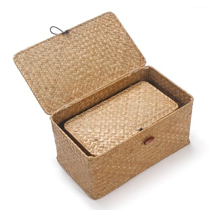 DOKOT Rectangular Seagrass Storage Basket with Lid, Natural, Set of 2 (M+S) | Handwoven, For Shelves, Home Organizer Bins - size: Set of 2 (S+M)