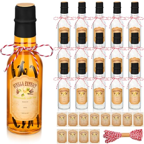 Tioncy 16 Pcs Empty Vanilla Extract Bottles for Homemade Vanilla Jar Glass Bottle with Cap, Shrink Band, Sticker DIY Crafts Wedding Gift Food Storage Canister for Bean(Black,5 oz) - color: Black, size: 5 oz