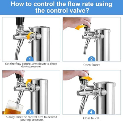 Adjustable Dual Tap Kegerator Tower Draft Beer Tower Pre-assembled Beer Keg Tap Tower Stainless Steel Beer Dispenser Tower Stainless Core Self-Closing Beer Faucet for Homebrew Kegerator Parts