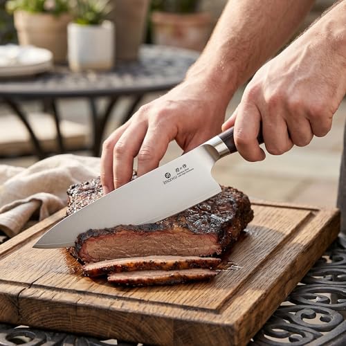 imarku Chef Knife, Japanese Kitchen Knife 8 Inch with High Carbon Stainless Steel, Ultra Sharp Edge Utility Knife, Ergonomic Pakkawood Handle Cooking Knives for Home Cooks and Chefs,Birthday Gift - color: Brown and Black