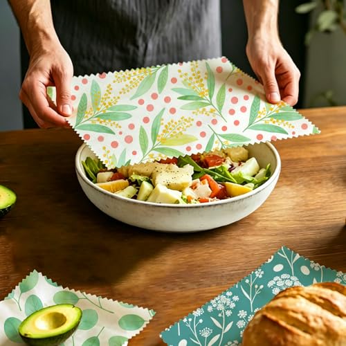 Reusable Beeswax Wraps, Leaves & Flowers Wraps, 9 Pack Eco-Friendly Food Storage, Organic Cotton, Sustainable, Zero Waste, Plastic-Free, Sandwich, Snack, Bowl Covers, 1XL, 3M, 5S - color: Green Botanical3