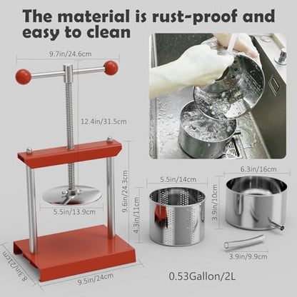 SQUEEZE master Cheese Tincture Herb Fruit Wine Manual Press -0.53Gallon/ 2 Litre-Power Ball Handle-Stainless Steel & Iron for Juice, Cider,Wine,Olive Oil - color: Red, size: 0.53Gallon