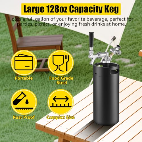 128oz Mini Keg Growler with Beer Tap Dispenser System, 3.6L Stainless Steel Draft Beer Dispenser for Home, Portable Kegerator for Craft Beer Cider and Kombucha