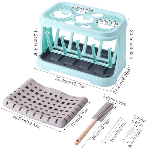 Baby Bottle Drying Rack with Brush & Dishwasher Basket - Space Saving Standing Drying Rack for Baby Bottles, Pump Parts & Accessories, Compact Organizer Holds Up to 8 Bottles (Blue) - color: Blue
