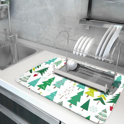 Green Trees Dish Drying Mat for Kitchen Counter Holiday Super Absorbent Reversible Microfiber Kitchen Countertop Protector Dishes Pad Large 18x24 inch - size: 24" x 18"