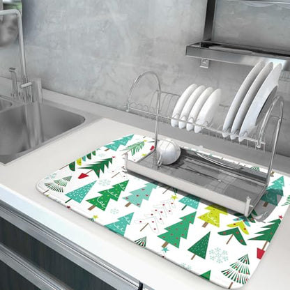 Green Trees Dish Drying Mat for Kitchen Counter Holiday Super Absorbent Reversible Microfiber Kitchen Countertop Protector Dishes Pad Large 18x24 inch - size: 24" x 18"