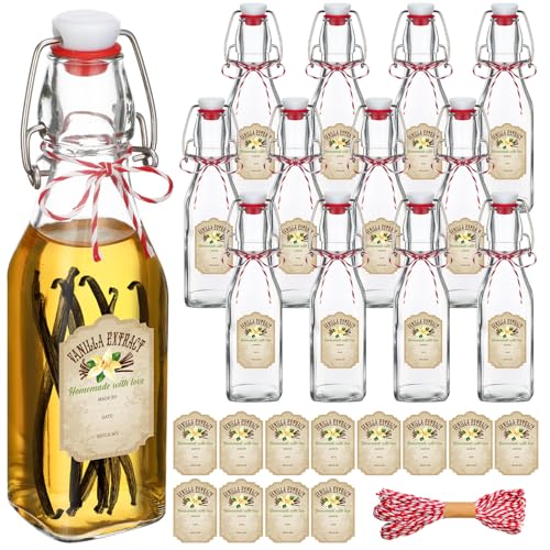 Uiifan 12 Pcs 8 oz Swing Top Clear Square Glass Bottles for Vanilla Extract with Caps and Cotton Twines Label Flip Top Glass Beer Bottle for Home Vanilla Brew Oil Vinaigrettes Beer Tea Supply - color: Clear, size: 8 oz