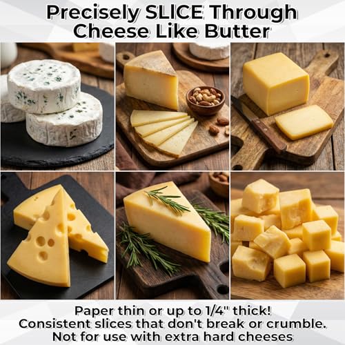 TIESOME Cheese Cutter, Stainless Steel Handheld Wire Cheese Slicer with 4 Extra Wires & Wrench Adjustable Butter Block Cutter Cheese Slicers for Block Cheese Mozzarella Cheddar Gruyere(Frosted)