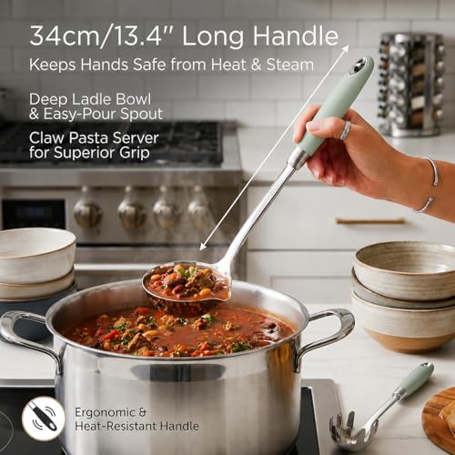 18/10 Stainless Steel Soup Ladle and Pasta Server Set, 2-Piece | Premium 18/10 stainless steel soup ladle and pasta server with ergonomic heat-resistant handles for everyday cooking. - color: Green