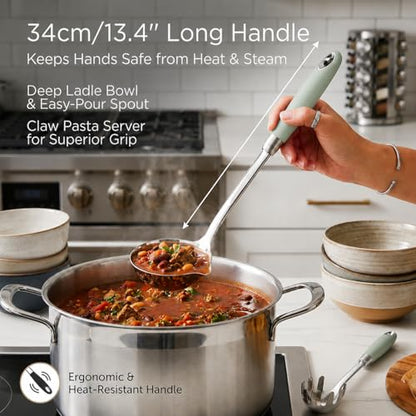 18/10 Stainless Steel Soup Ladle and Pasta Server Set, 2-Piece | Premium 18/10 stainless steel soup ladle and pasta server with ergonomic heat-resistant handles for everyday cooking. - color: Green