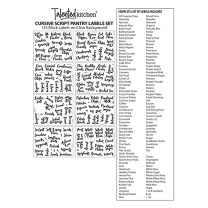 Talented Kitchen Labels for Food Containers - 135 Count, Preprinted Black Cursive on Clear Backing, Water-Resistant - Pantry & Kitchen Storage Labels for Jars & Bins - Easy Peel & Stick