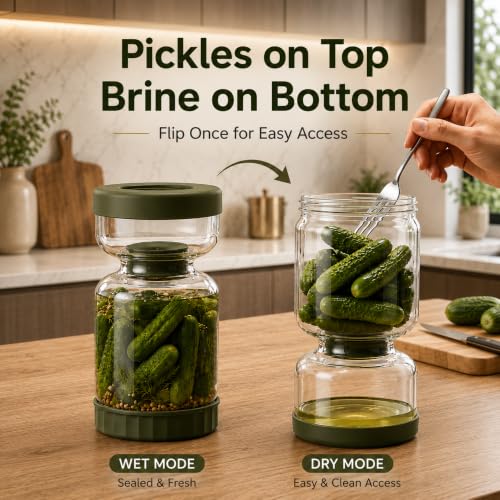 Neoflam Pickle Jar with Flip Strainer, 37 oz Glass Pickle Container for Olives, Jalapeños & Kimchi, Hourglass Juice Separator, Airtight Leak-Proof Food Storage, BPA-Free Wide Mouth Jar