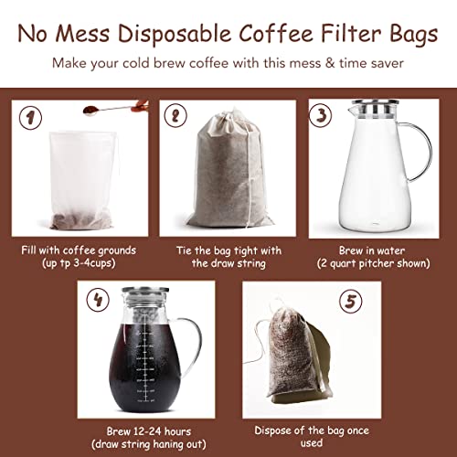 Cold Brew Coffee Bags 60 Count Disposable Fine Mesh Brewing Bags for Concentrate/Iced Coffee Maker, French/Cold Press Kit, Hot Tea in Mason Jar or Pitcher, 6 x 10 Inches - size: 60 Pack - 6" x 10"