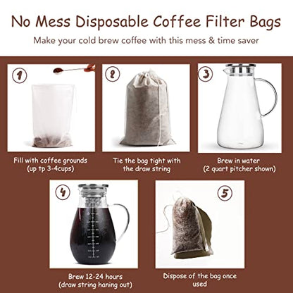 Cold Brew Coffee Bags 60 Count Disposable Fine Mesh Brewing Bags for Concentrate/Iced Coffee Maker, French/Cold Press Kit, Hot Tea in Mason Jar or Pitcher, 6 x 10 Inches - size: 60 Pack - 6" x 10"