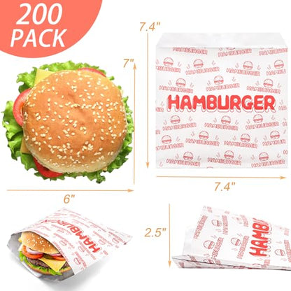 ZENFUN 200 Pack Hamburger Wrappers, Foil Hamburger Sleeves, Grease Resistant Hamburger Bags Bulk, BPA Free Cheeseburgers Wrappers for Snack Bars, Food Truck, Take Out, Concession Stand, Christmas