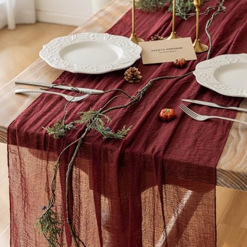Keketoarrange 6pcs Burgundy Table Runner Red Table Runner Cheesecloth Gauze 120 Inch 10 FT Rustic Boho Cheese Cloth Runner for Wedding Baby Bridal Shower Party Long Sheer Spring Home Decorations - color: Burgundy, size: 35"x120"(Pack of 6)