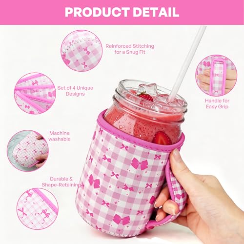 KJQJLY 4 Pcs Mason Jars Sleeves Neoprene 32oz Regular and Wide Mouth Mason Jar Sleeves Holder with Handle (Bows, 32 OZ) - color: Bows, size: 32 OZ