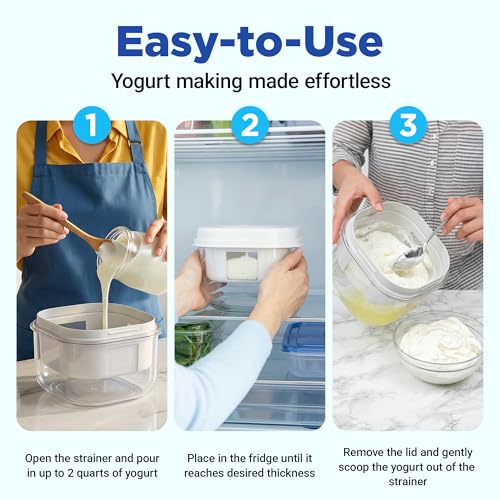 Ultimate Yogurt Strainer, Make Delicious, High Protein, Greek Yogurt, 70% Less Sugar & Lactose, Fine Mesh Nylon Greek Yogurt Maker, 100% BPA-Free & Dishwasher Safe with Large 2.3 Quart Capacity