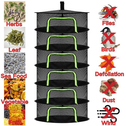 Coloch 6 Layer Herb Drying Rack with Zipper, Foldable Food Drying Net Collapsible Hanging Seed Drying Mesh with Garden Shear, Hook, Bag, for Plant, Seed, Bud, Fruit, Food, 23.6”x47”