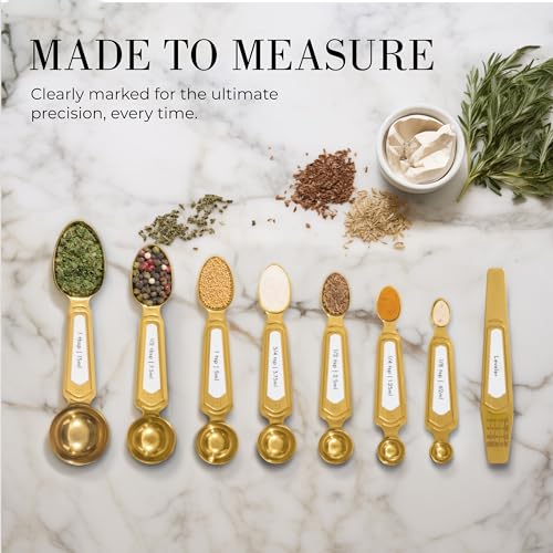 White and Gold Measuring Spoons with Leveler - Featuring 8PC Upgraded Style, Dual-Sided, Stackable, Stainless Magnetic Measuring Spoons Set - Fits in Spice Jars, White and Gold Kitchen Accessories - color: White & Gold