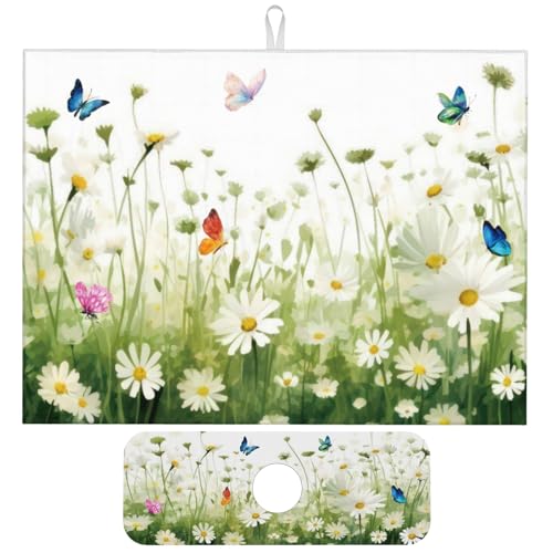 Vintage Watercolor Daisy Butterfly Dish Drying Mat for Kitchen Counter, 18"x24" Microfiber Absorbent Fast Dry Mat, 2Pcs Dish Mat Faucet Mats Sets, Large Drying Kitchen Mat Kitchen Drying Pad - color: Vintage Watercolor Daisy Butterfly, size: 18"X24"