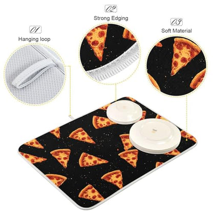 Dish Drying Mat for Kitchen Counter Pizza Cheese Black Absorbent Drying Dish Mat 18×24 inch Dish Rack Pad Coffee Mat for Sink Dishes Under Rack - size: 18x24in