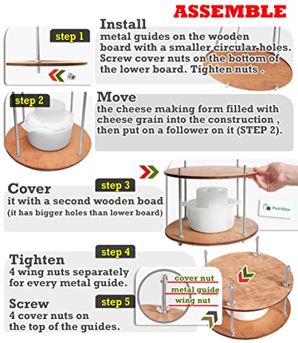 Wooden Cheese Press for Cheese Making Supplies Diameter 11 in Metal Guides Walnut and Cheese Mold with Follower Piston 1.3 Qt - Small Home Supply Ultimate Cheese Press Machine - Prensa Para Queso