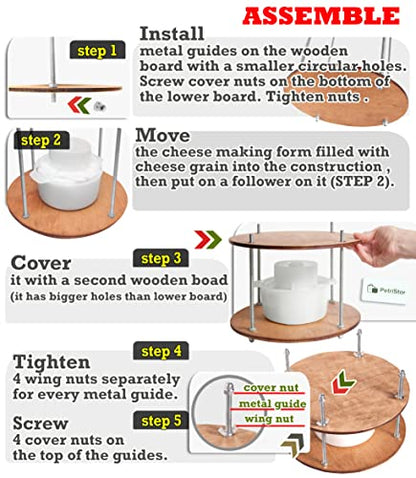 Wooden Cheese Press for Cheese Making Supplies Diameter 11 in Metal Guides Walnut and Cheese Mold with Follower Piston 1.3 Qt - Small Home Supply Ultimate Cheese Press Machine - Prensa Para Queso