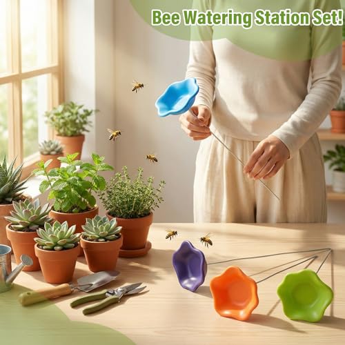 4 Pack Resin Bee Watering Station for Butterfly Garden Cups Bath Bee Feeders for Thirsty Pollinators Outdoor Garden Yard Stakes Decor Flower Design Plastic Free Attracting Glaze(Classic) - style: Classic