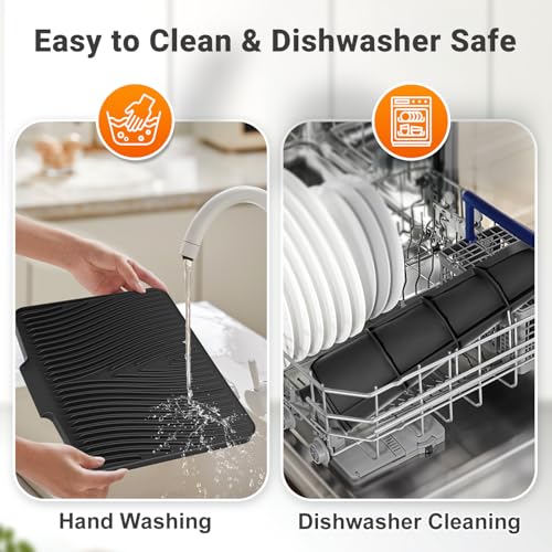 Silicone Dish Drying Mat for Kitchen counter, 19.7"x17" Extra Large Non-Slip Drain Pad with Built-in Drainage, Heat Resistant Dishwasher Safe, Black - color: Black, size: 19.7" x 17"