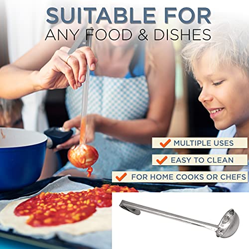 Fit Meal Prep Stainless Steel Soup Ladle - One-Piece Sauce Spatula with Hook Handles, Commercial Grade Serving Spoon, Kitchen Tool for Restaurant or Home Cooking, 13.75” Long - [Pack of 2] 4 Oz - size: 4 oz