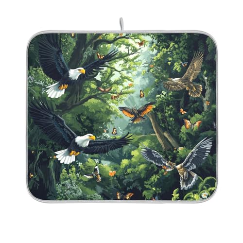 Dish Drying Mat for Kitchen Counter Dish Mat Dish Drainer Mats Kitchen Drying Mat Pad Microfiber Absorbent Reversible 16x18 Inch Bald Eagles and Forest Butterflies Bees - color: Bald Eagles and Forest Butterflies Bees, size: 18" x 16"