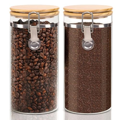 Glass Storage Jars Set Elegant Containers with Airtight Bamboo Lids, Perfect for Kitchen Organization - Flour, Rice, Pasta, Sugar, Coffee Beans, Accessories Included (Coffee Jar x 2)