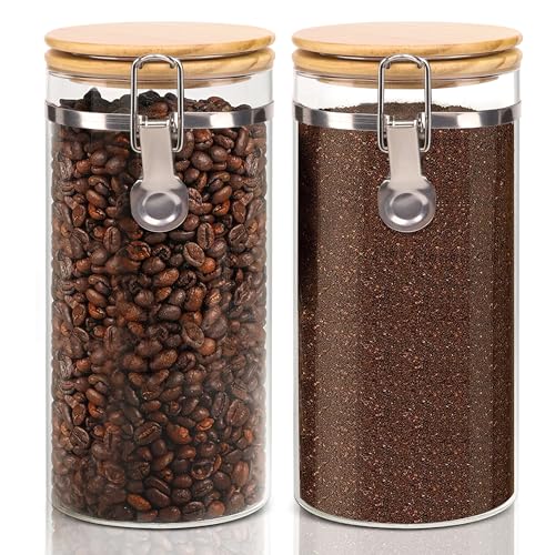 Glass Storage Jars Set Elegant Containers with Airtight Bamboo Lids, Perfect for Kitchen Organization - Flour, Rice, Pasta, Sugar, Coffee Beans, Accessories Included (Coffee Jar x 2)
