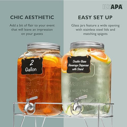 Ilyapa 2 Gallon Drink Dispenser, 2 Pack with Metal Base, Stainless Steel Spigot - Drink Dispensers for Parties, Beverages Such As Lemonade, Tea, Water - size: 2 Gallon Double Dispenser with Stand