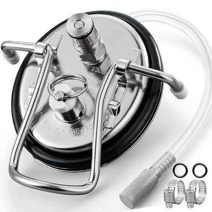 Carbonation Keg Lid Beer Keg Replacement Lid Universal For Corny Keg Cornelius Keg Ball Lock Keg, HomeBrew 304 Stainless Steel Carbonating Keg Lid with Carbonation Diffusion Stone & 20'' Silicone Tube