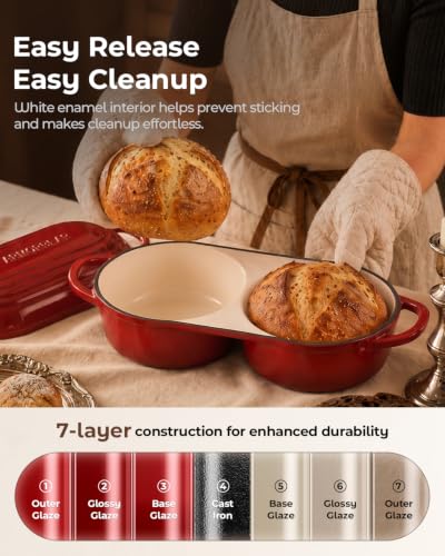 Sourdough Bread Baking Kit with Double Loaf Cast Iron Bread Pan, Red | Bakes two mini loaves at once with banneton proofing baskets included - color: Red, size: Double Bread Oven & Baking Kit
